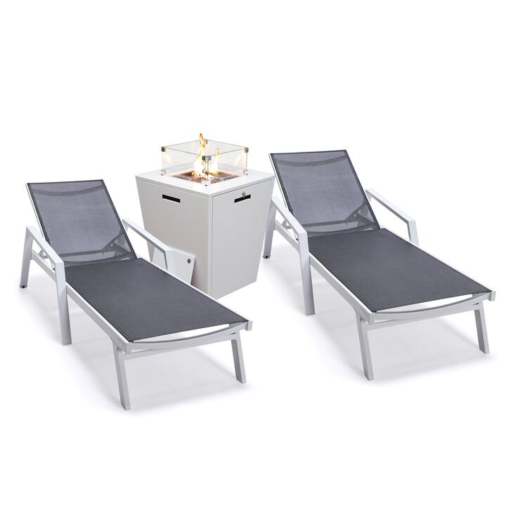 LeisureMod Marlin Modern Aluminum Outdoor Patio Chaise Lounge Chair With Arms in White Frame Set of 2 with Square Fire Pit Side Table