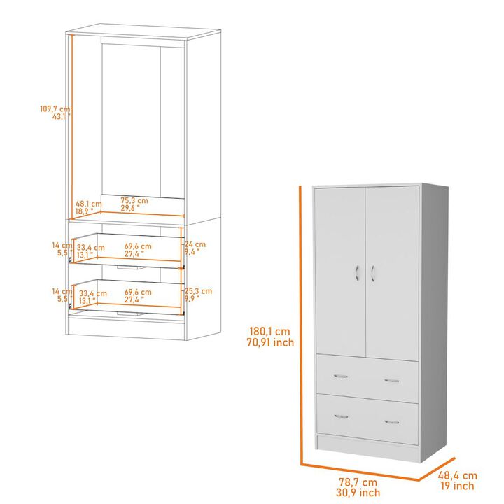 Fm Furniture Wenden Wardobre with 2 drawers, 2 doors, ample storage and hanging rod,white