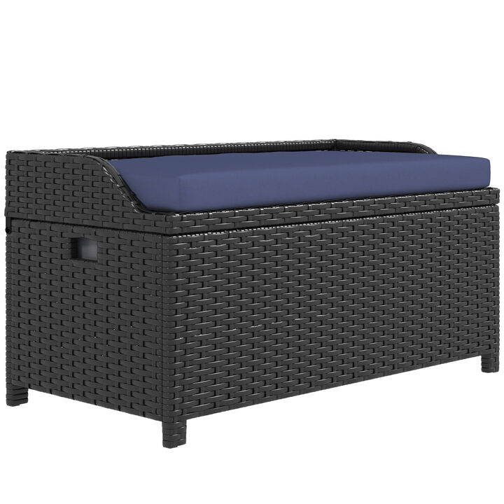 Outsunny Outdoor Wicker Storage Bench Deck Box, PE Rattan Patio Furniture Pool Storage Bin Container with Interior Waterproof Cloth Bag and Comfortable Cushion, Navy Blue