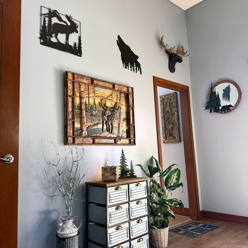 Rustic Moose Birch Forest Wood Wall Sculpture 28.75x36.5 Brown Glossy image number 9