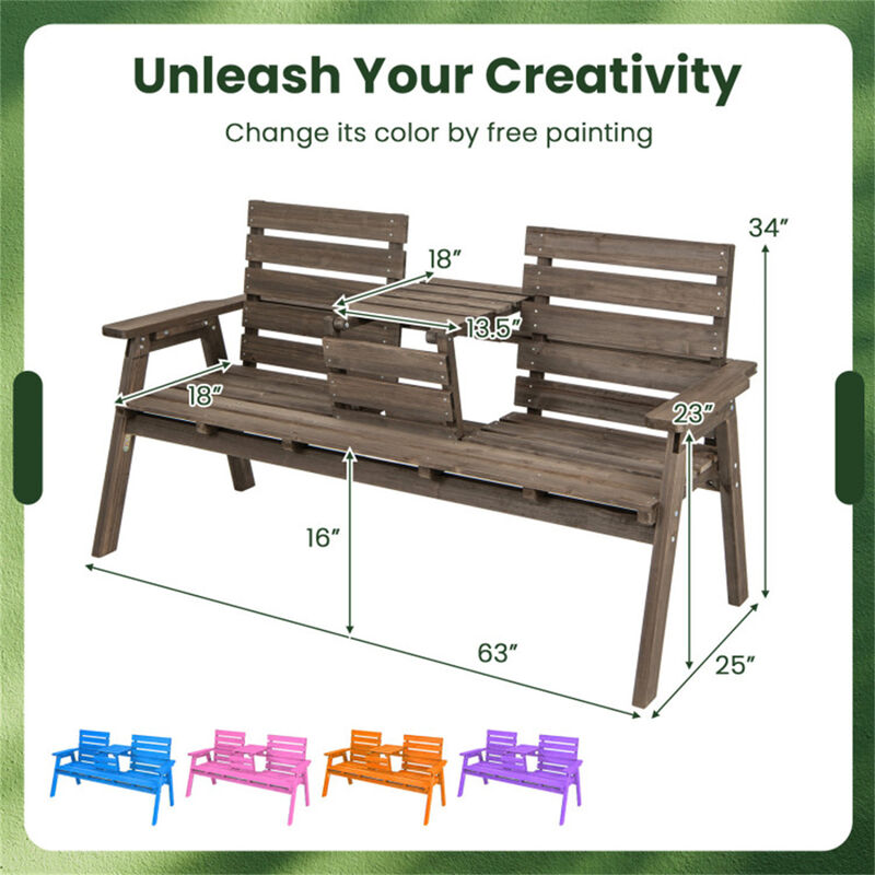 Bench with Foldable Middle Table Outdoor Convertible Seating for Patio & Garden