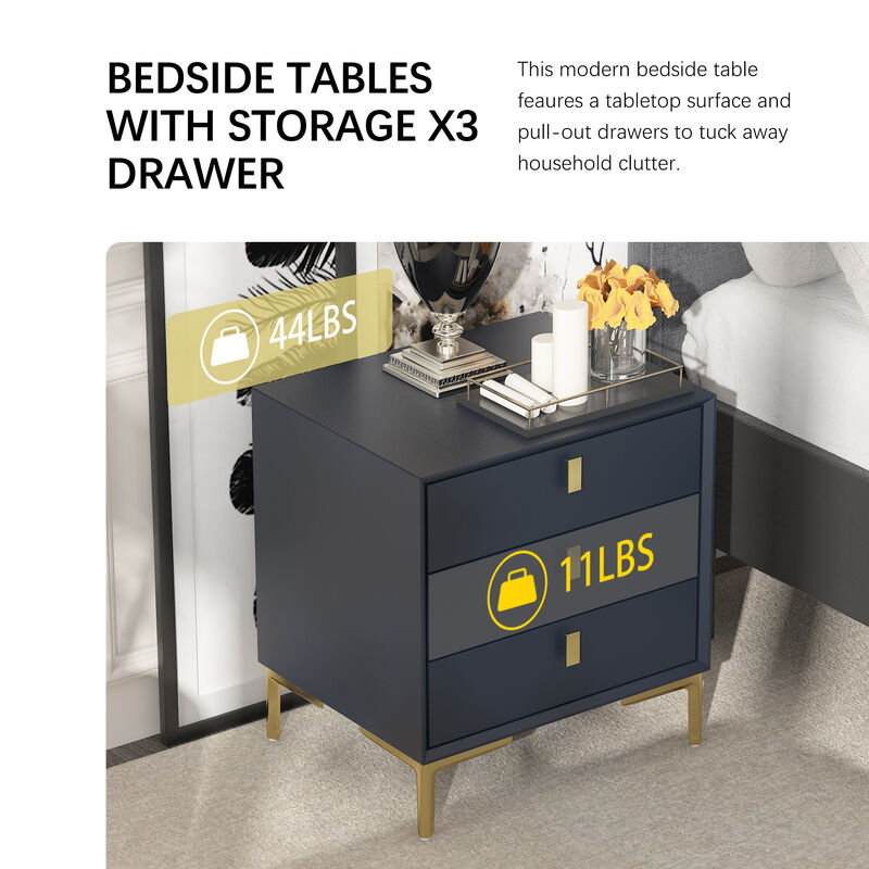 Black 3-Drawers 19.6 in. Width x 21.3 in. Height Wooden Nightstand, Bed Side Table with Golden Legs for Bedside Storage image number 4