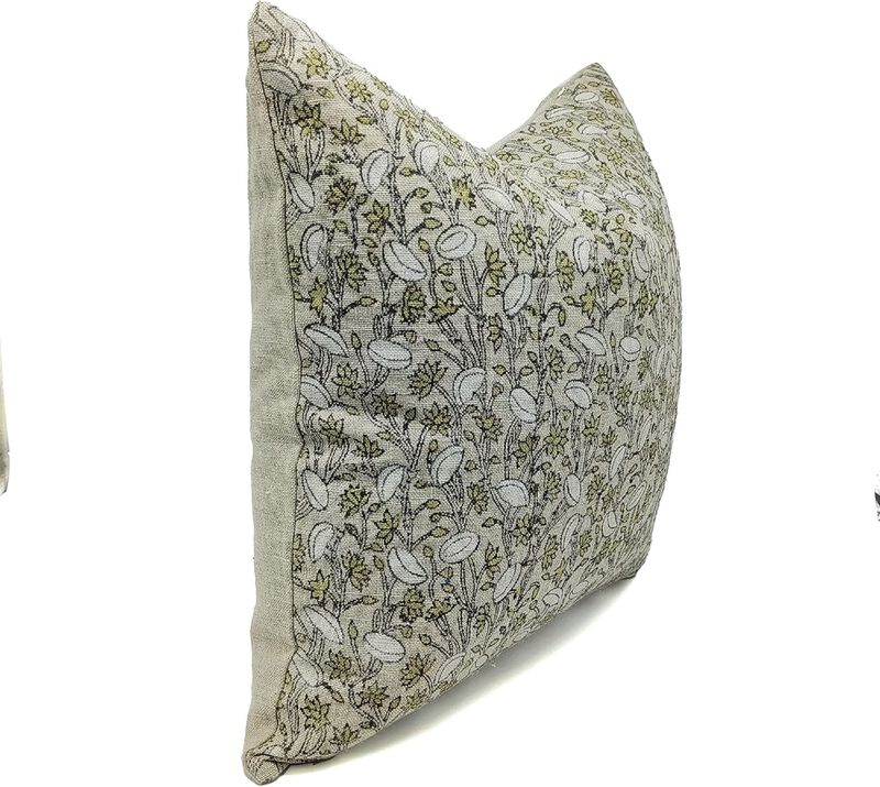 Fabdivine Eco-Friendly Linen Pillow Cover Handmade Boho Throw Cushioncase with Floral Handblock Print for Sofa, Couch, Bed, Pista image number 2