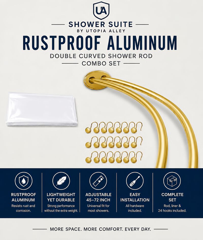 Shower Suite by Utopia Alley &ndash; Rustproof Aluminum Double Curved Shower Curtain Rod Combo Set with Liner & 24 Hooks, Adjustable 45&ndash;72 Inch Wall Mounted Dual Rod, Extra 30% Space image number 1