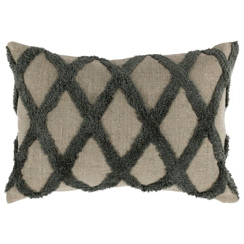 Lo 14 x 20 Lumbar Linen Accent Throw Pillow, Tufted Diamond Pattern, Green - Benzara
