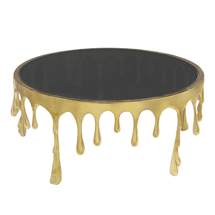 Capri Coffee Table | 36 Inch Round Glass Top | Melting Drip Design | Antique Gold
