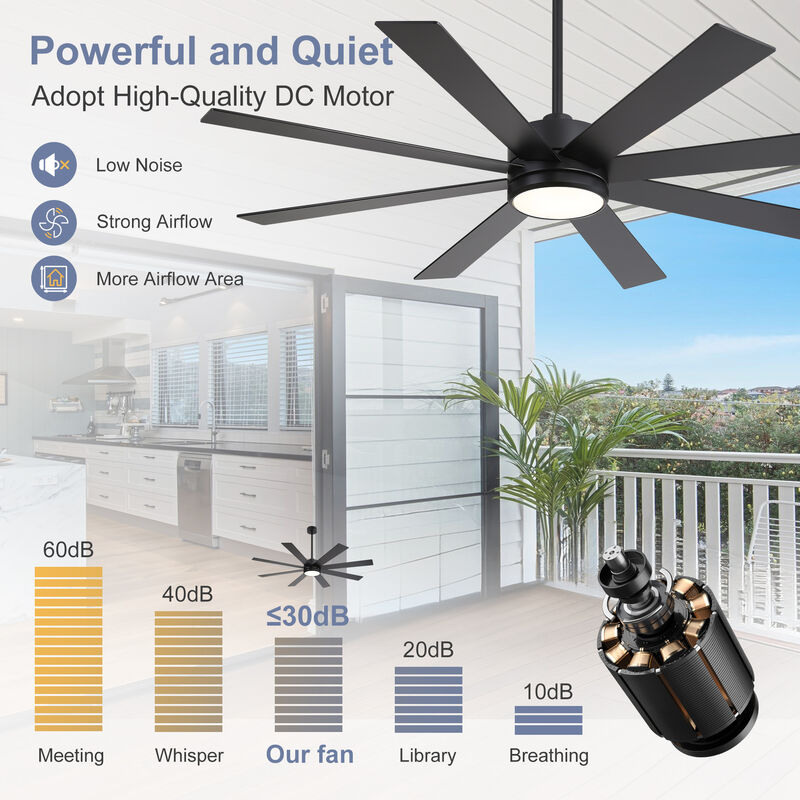 Breezary 65-inch Black Ceiling Fan with LED Light Remote and Downrod(8-Blade) image number 4