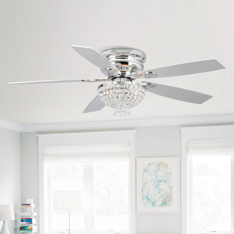 52" Modern Chrome Low Profile Crystal Ceiling Fan with Remote and 3-Speed Motor