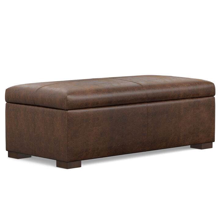 Gabbie 48 inch Wide Contemporary Rectangle Rectangular Storage Ottoman in Distressed Chestnut Brown  Vegan Faux Leather, Assembled