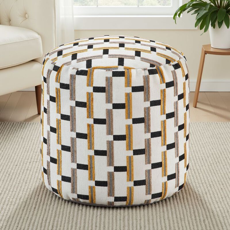 Modern Pouf Ottoman, Beige Gray Geometric Block Jacquard, 16 Inch