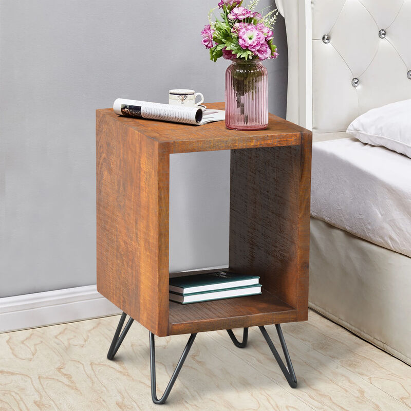 22 Inch Textured Cube Shape Wooden Nightstand with Angular Legs, Brown and Black image number 5