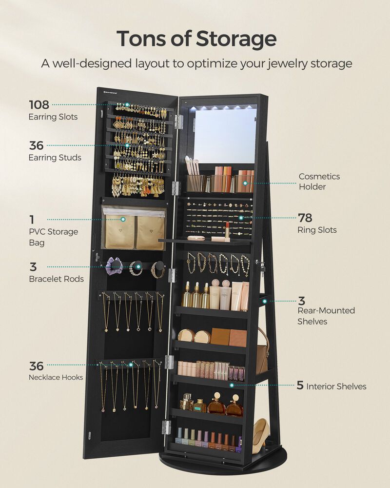 LED Mirror Jewelry Cabinet with Stand for Elegant and Functional Storage