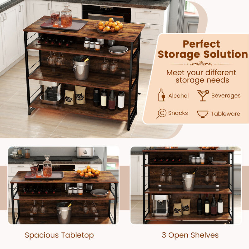 Kitchen Island Mini Bar with 4 Tiers, Footrest, and Built-In Wine Rack-Coffee image number 7