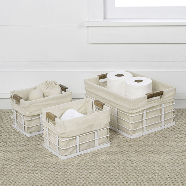 Callan Vintage Industrial Handmade Wire Metal Nesting Storage Baskets with Wood Handles and Fabric Liner