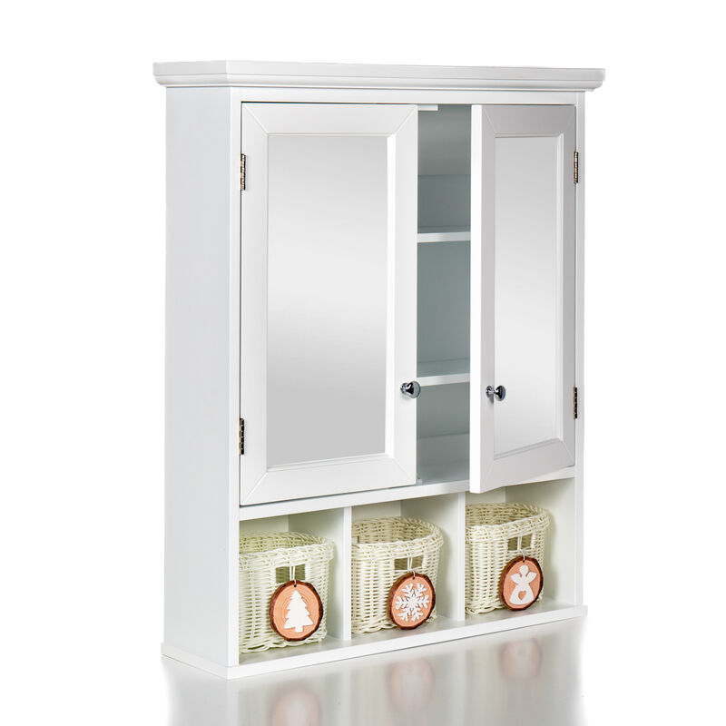 Streamdale White Wood Wall Cabinet with Mirrored Doors & Storage Baskets