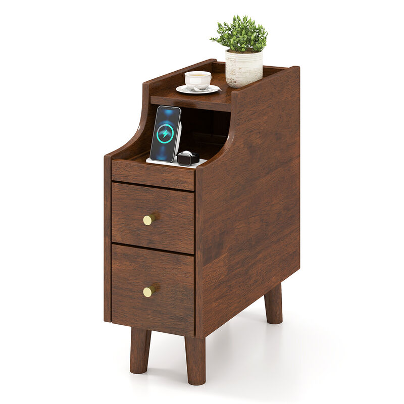 Solid Wood Nightstand with Pull-Out Tray and 2 Drawers, Narrow Bedside Table image number 4