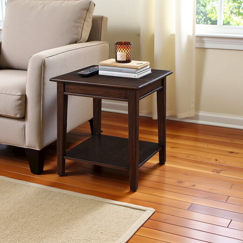 Brown Wooden End Table for Living Room, Small Square Table with Shelf