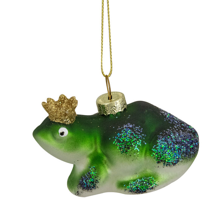 3" Green and White Prince Frog in a Gold Crown Glass Christmas Ornament