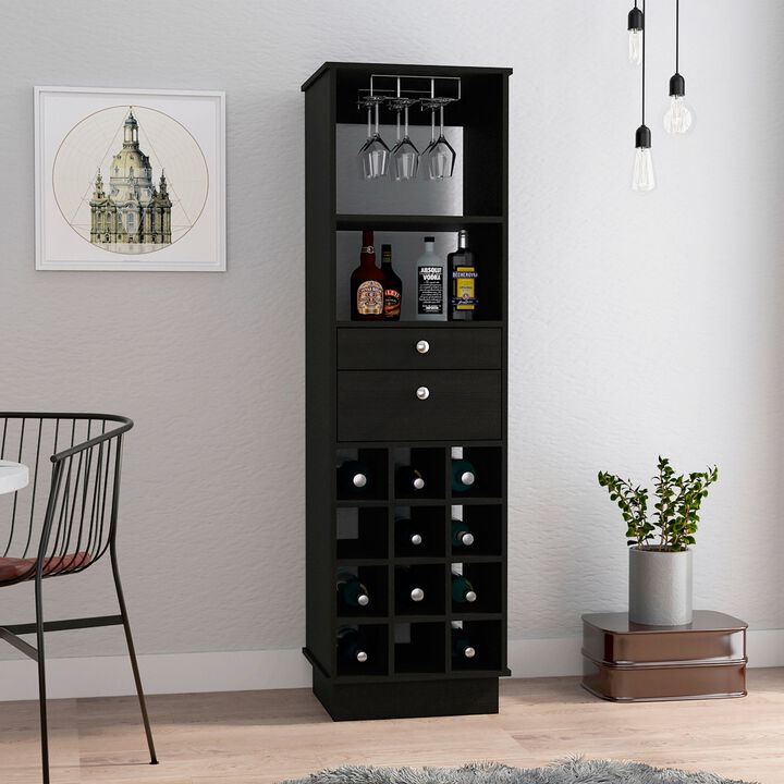 Classic Bar Cabinet, Two Drawers, Twelve Built-in Wine Rack-Black / Walnut