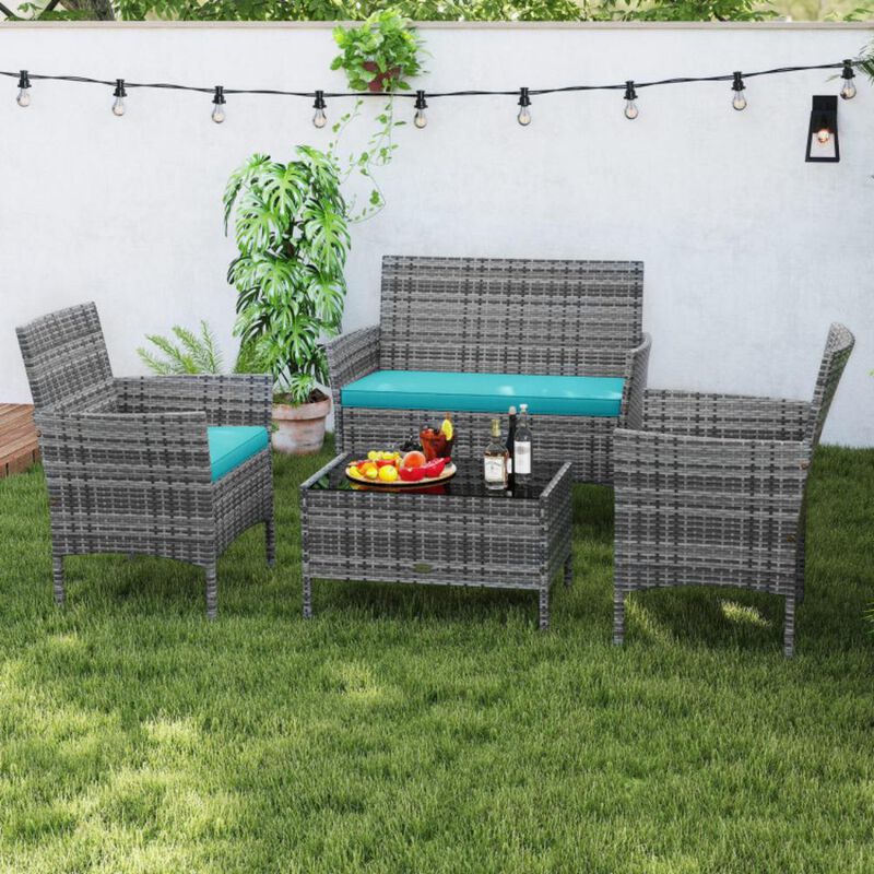 Hivvago 4 Pieces Patio Rattan Conversation Set with Tempered Glass Coffee Table-Red