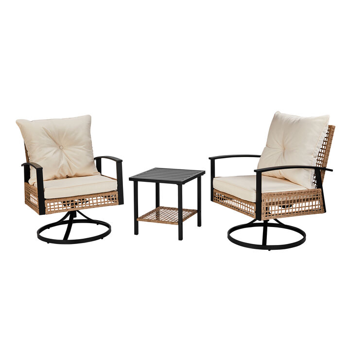 3-Piece Outdoor Wicker Patio Set &ndash; 2 Swivel Rocker Chairs and 1 Table for Comfortable Porch or Garden Seating