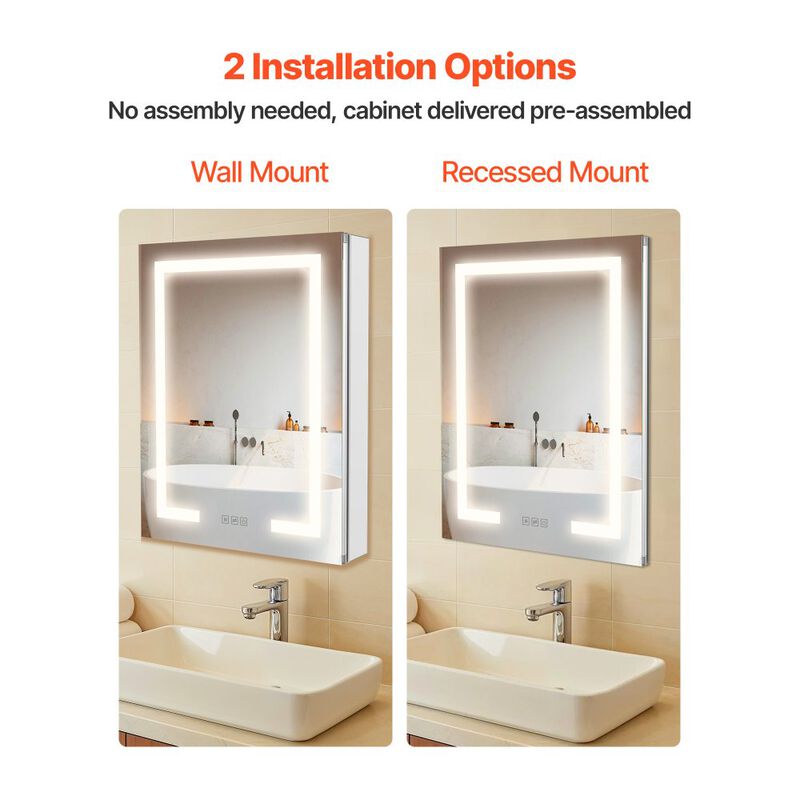 Wall Mount Recessed Medicine Cabinet with 2-Side Mirror and Lighting