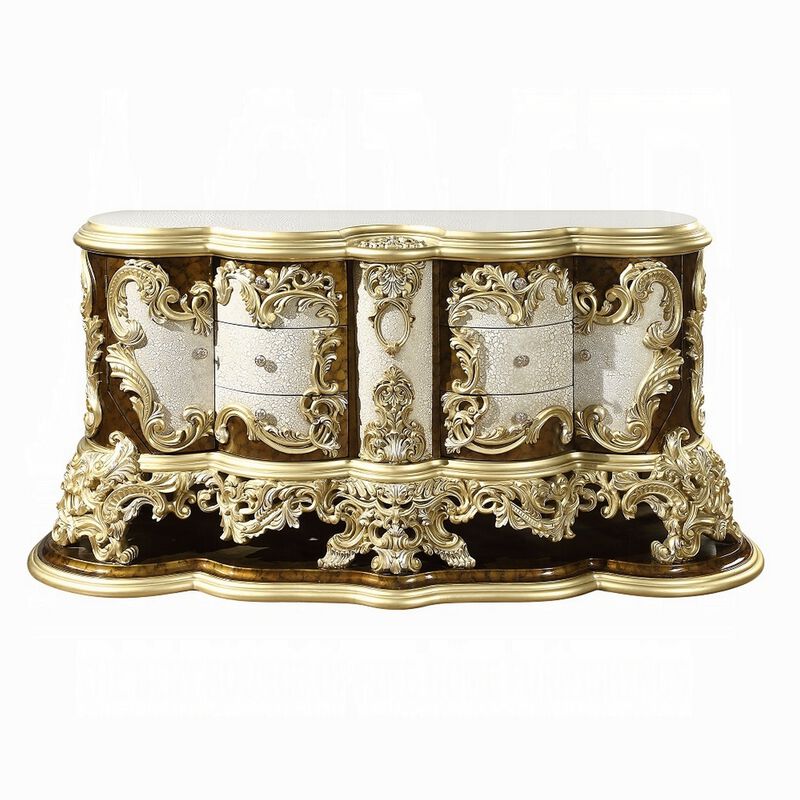 Mara Wide Dresser Chest with 6 Drawers and 2 Doors, Gold, Brown Wood - Benzara image number 1