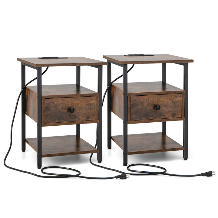 3-Tier Nightstand with Charging Station and Drawer-Set of 2