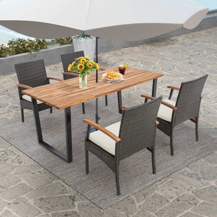 Mondawe 5-Piece Outdoor Wicker Dining Set,Acacia Wood Table With 2" Umbrella Hole,Removable Cushions