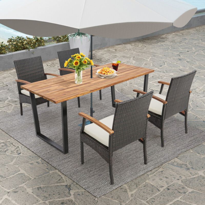 Mondawe 5-Piece Outdoor Wicker Dining Set,Acacia Wood Table With 2" Umbrella Hole,Removable Cushions