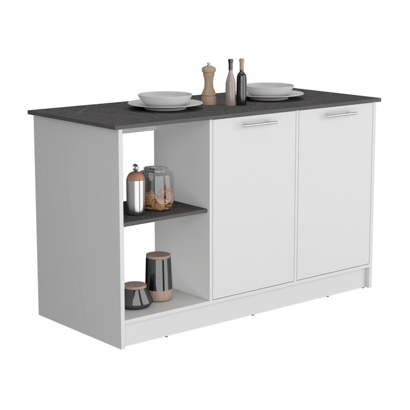 Coral Kitchen Island with Large Countertop, Open Storage Shelves and Double Door Cabinet, White / Onyx -Kitchen