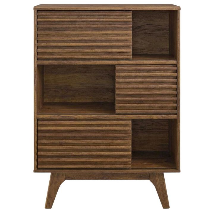 Mid-Century Modern Three-Tier Display Cabinet with Bookshelf Storage, Walnut