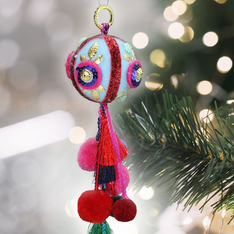 10.25" Blue and Red Ball with Pompoms Christmas Ornament image number 2