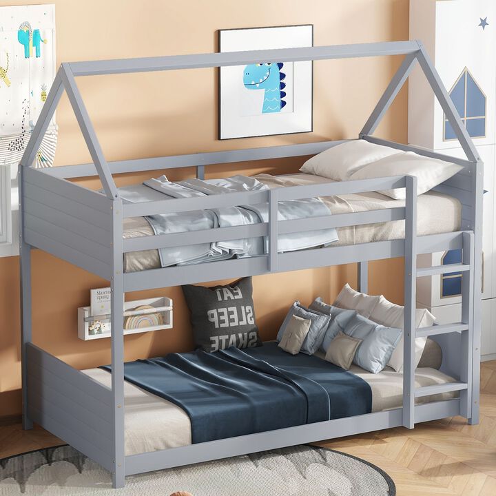Whisen Twin Over Twin House Floor Bunk Bed with Headboards, Footboards, Guardrails and Ladder