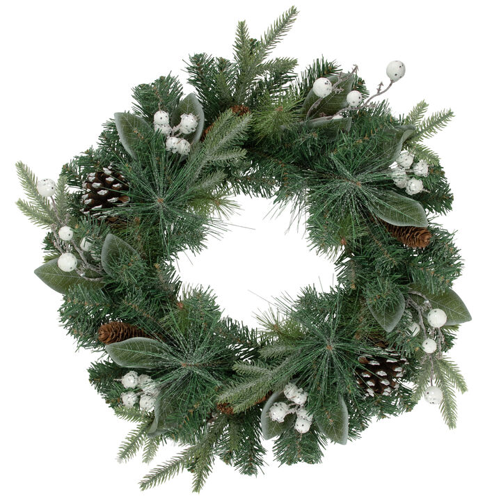 Frosted White Berry and Mixed Pine Artificial Christmas Wreath  24-Inch  Unlit