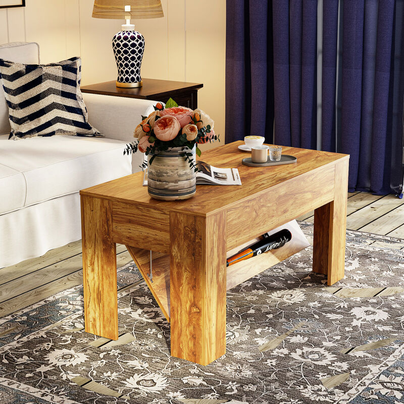 FUFU&GAGA Modern Wood Grain Coffee Table with Hidden Storage Compartment, L-Shaped Legs, Textured Finish, (31.5 in. W x 15.7 in. D x 28.7 in. H), Natural Wood