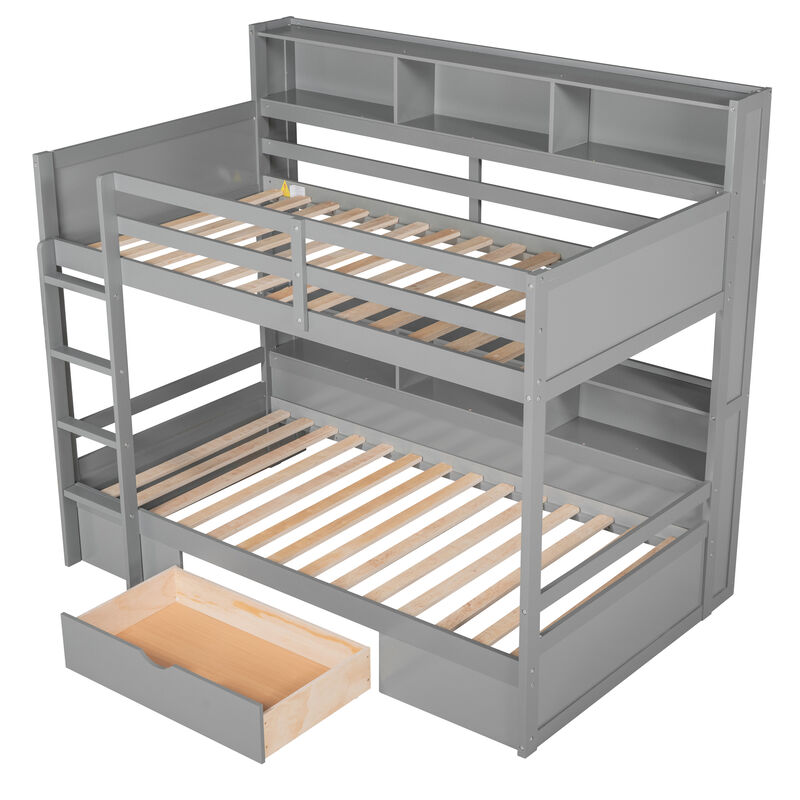 Whisen Twin Size Bunk Bed with Built-in Shelves Beside both Upper and Down Bed and Storage Drawer image number 6