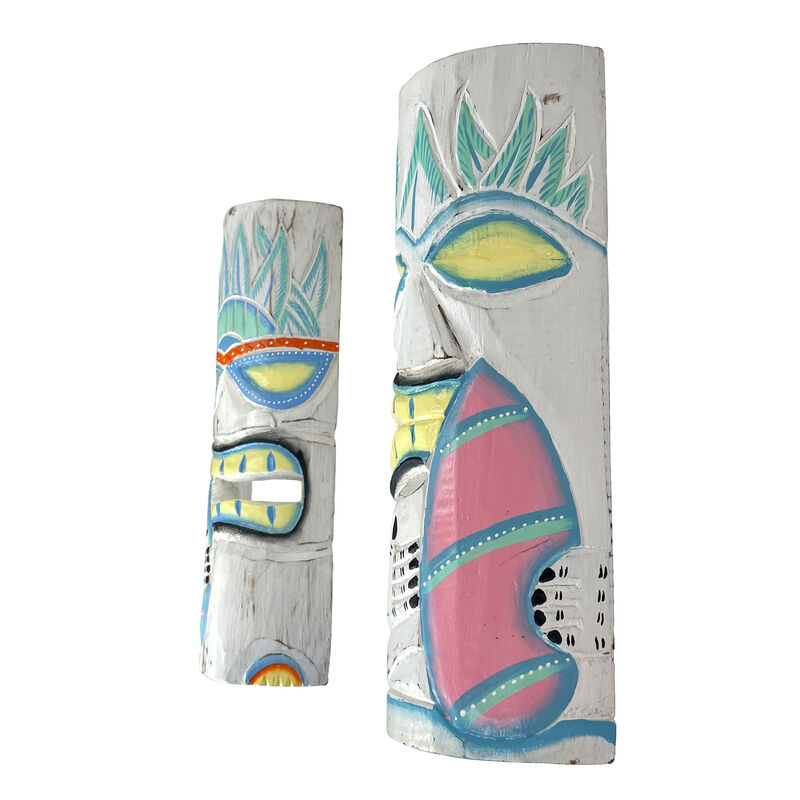 Set of 2 Pastel Surfer Tiki Masks 12" Hand-Carved Wooden Wall Decor Art image number 2