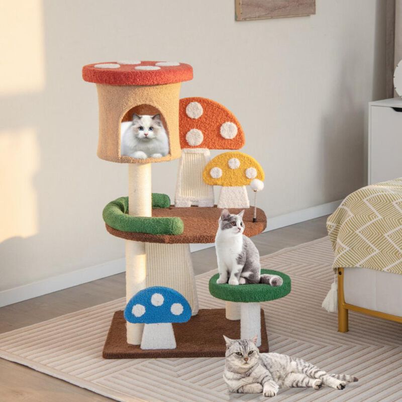 Hivvago 4-In-1 Mushroom Cat Tree with Condo Spring Ball and Sisal Posts-Multicolor