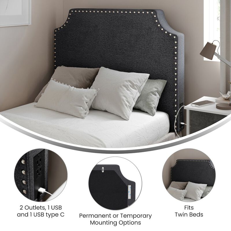 Flash Furniture Twin Headboard with Two Power Outlets, USB Port, and USB Type-C Port, Gray Linen image number 8