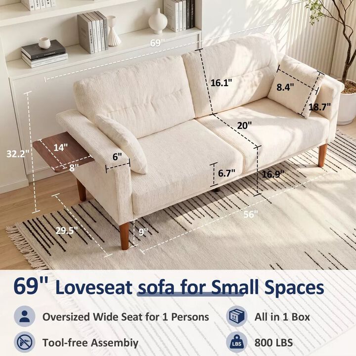 Vipbear 69" Chenille Loveseat Sofa with Foldable Side Tray Table, Thick Deep Cushion 2-Seater Couch