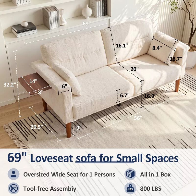 Vipbear 69" Chenille Loveseat Sofa with Foldable Side Tray Table, Thick Deep Cushion 2-Seater Couch image number 1