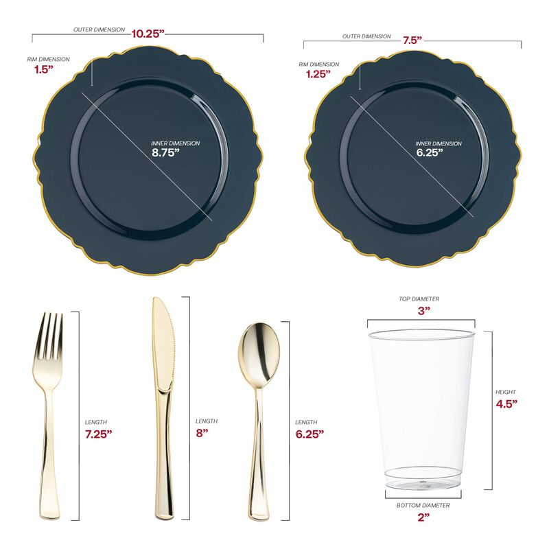 Navy with Gold Rim Round Blossom Plastic Wedding Value Set (30 Sets) image number 2