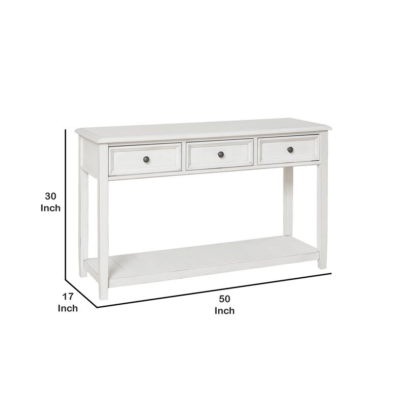 50 Inch Sofa Console Table, 3 Drawers and Open Shelf, Classic White FInish-Benzara