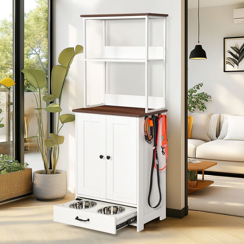 Pet Feeding Station with Bowls,Station with Storage,Dogs Cats feeding station with 2-level shelving image number 2
