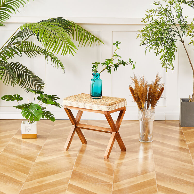 Natural Seagrass Footstool Rectangular Ottoman with Wooden X-Legs For Home Decor
