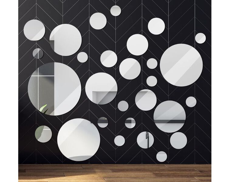 28  Glass Mirror Tiles &ndash; Frameless Round Wall-Mount Decor Set