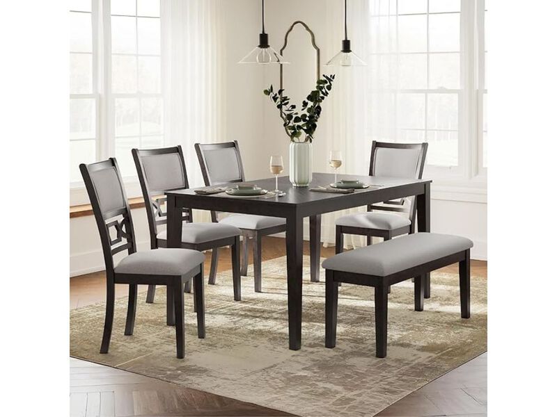 Dining Set &ndash; 7‑Piece Cherry Brown Wood Table with 4 Upholstered Chairs & Bench, Seats 6 image number 1