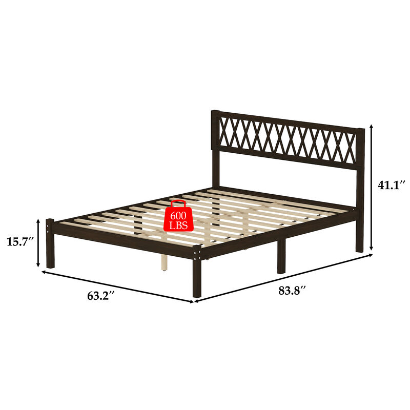 FUFU&GAGA  Returnlov Cherry Solid Wood Bed Frame with Acacia Legs and Plywood Slats, Vintage Style Platform Bed without Box Spring, Classic Wood Headboard (83.8 in. L x 63.2 in. W x 41.1 in. H), Cherry image number 9