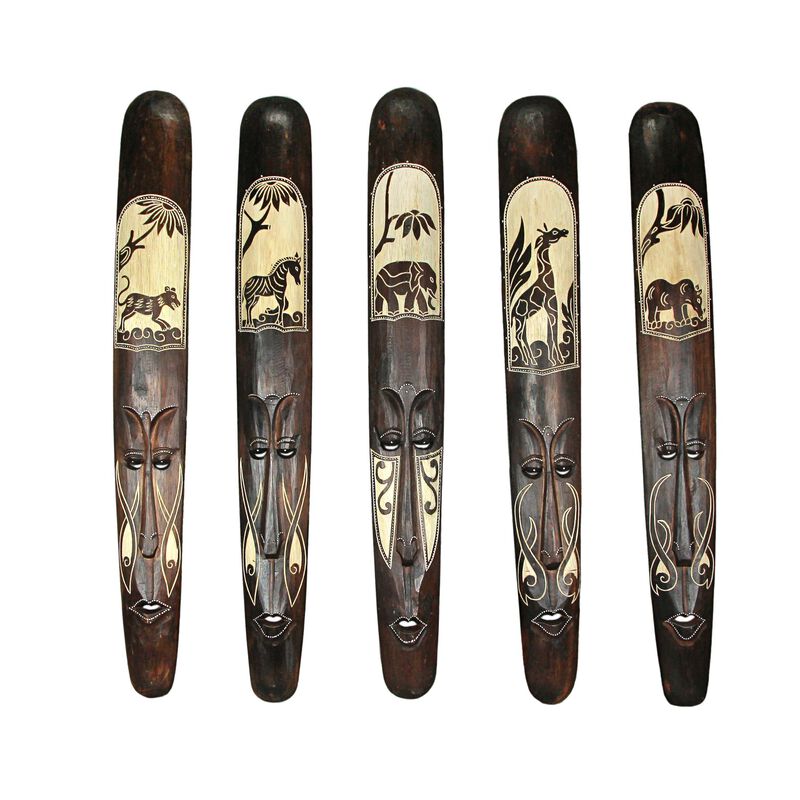 Set of Five 39 Inch Hand Carved African Style Tribal Masks Wall Bar Decor image number 0